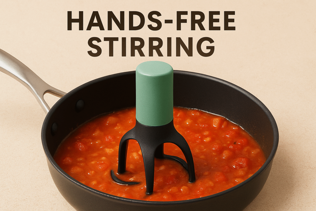 A hands-free automatic pan stirrer operating in a stainless steel pan on a stovetop