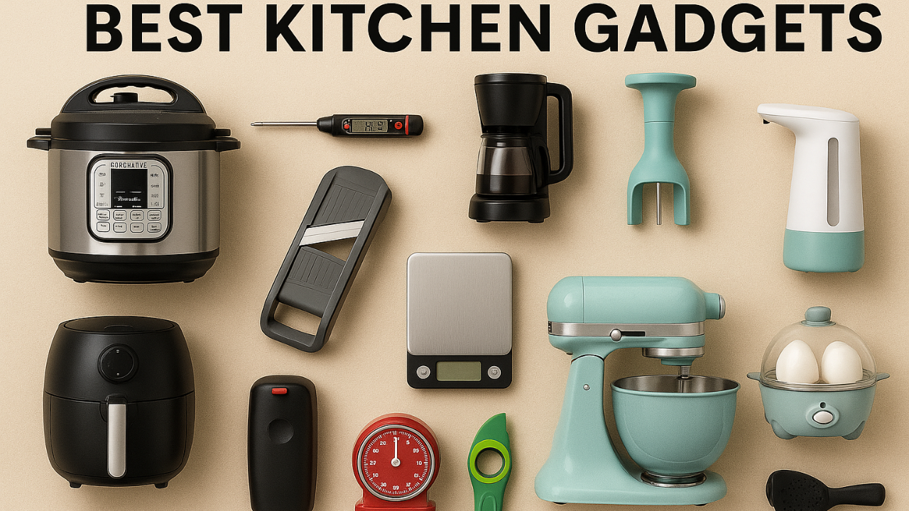 A digital photograph displays an assortment of fifteen innovative kitchen gadgets arranged on a beige background.
