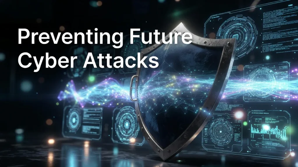 Illustration of cybersecurity prevention with AI monitoring and network shield, representing Major Cybersecurity Incident Analysis.