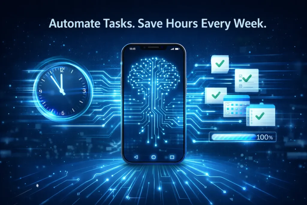 Conceptual illustration of AI tools for mobile productivity automating tasks and saving time on a smartphone.