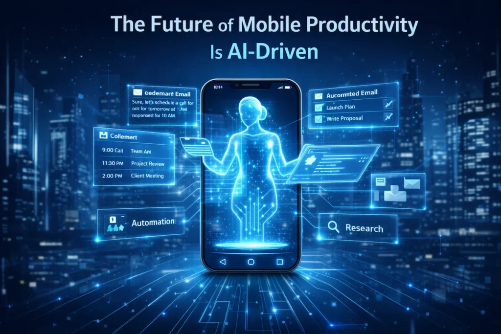Conceptual illustration of AI tools for mobile productivity automating tasks and saving time on a smartphone.
