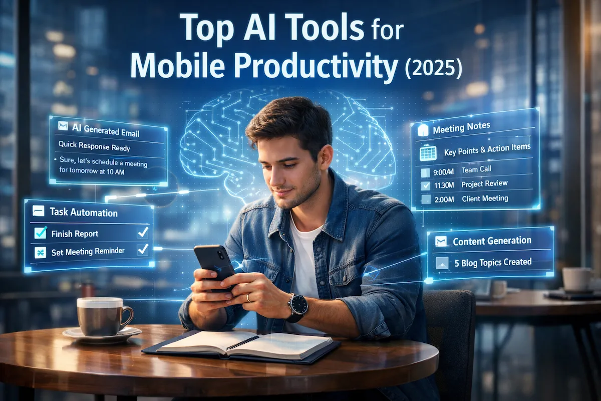 Futuristic illustration of AI tools for mobile productivity displayed around a smartphone used by a professional in a modern workspace.