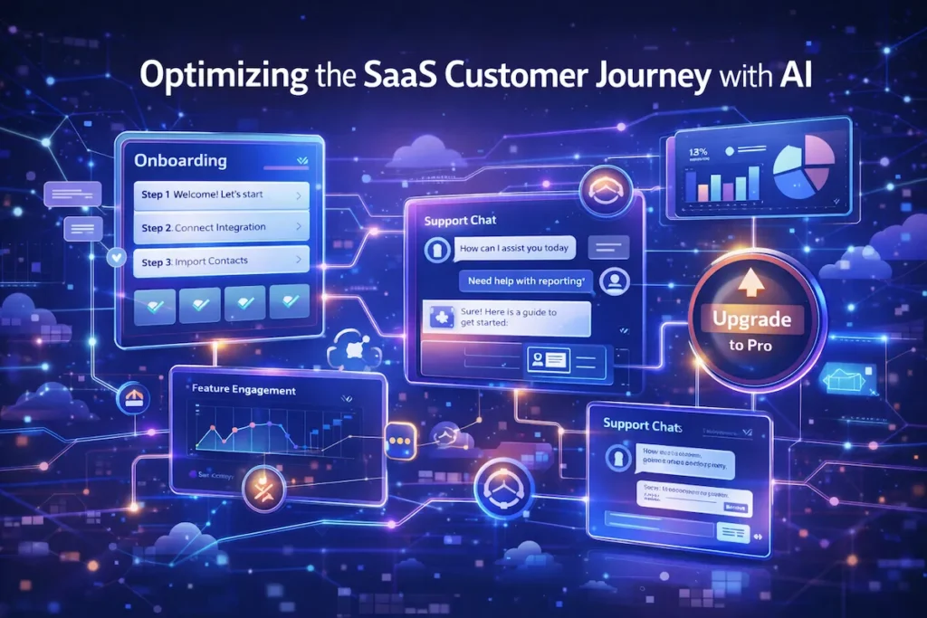 High-resolution futuristic visualization of AI optimizing a SaaS customer journey with connected data pathways, analytics dashboards, and automation triggers.