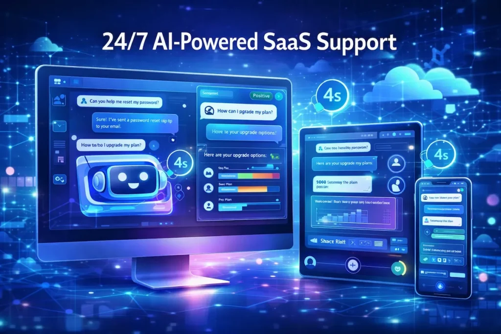 Professional high-resolution illustration of AI chatbot providing 24/7 customer support within a SaaS platform, showing contextual responses and real-time automation.