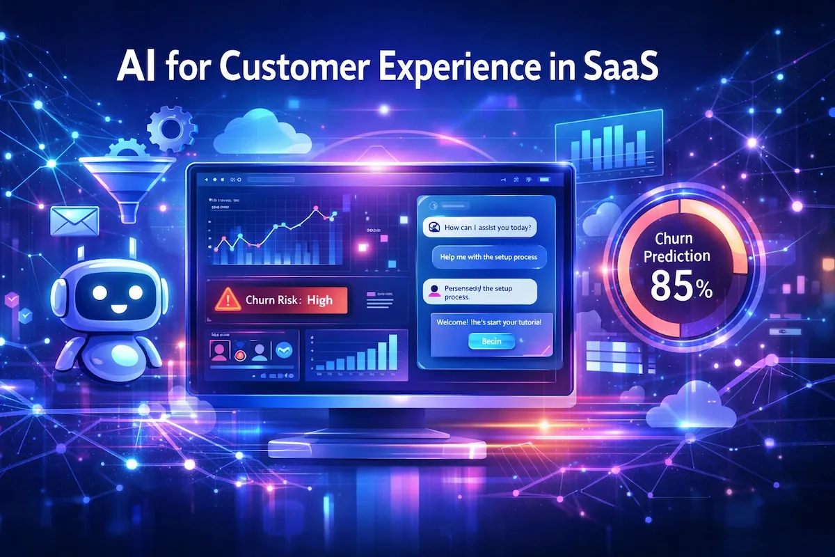 High-resolution illustration of AI-powered SaaS dashboard showing predictive analytics, chatbot automation, and personalized customer experience tools in a futuristic cloud environment.