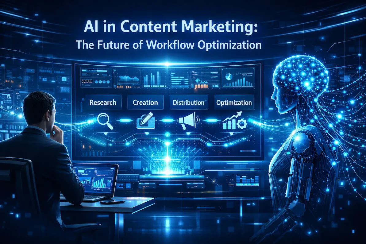 AI in content marketing workflow visualization with AI dashboard and digital command center