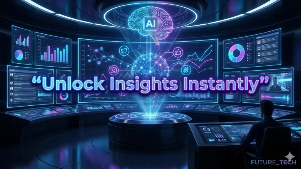High-tech AI hub monitoring social media analytics with holographic charts and insights, representing data-driven decision-making in AI social media marketing.