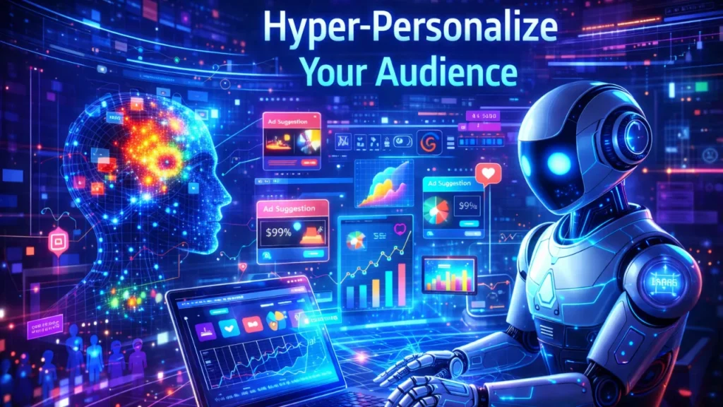 AI system visualizing audience behavior with interactive heatmaps and personalized ad recommendations, showing AI in social media marketing personalization.