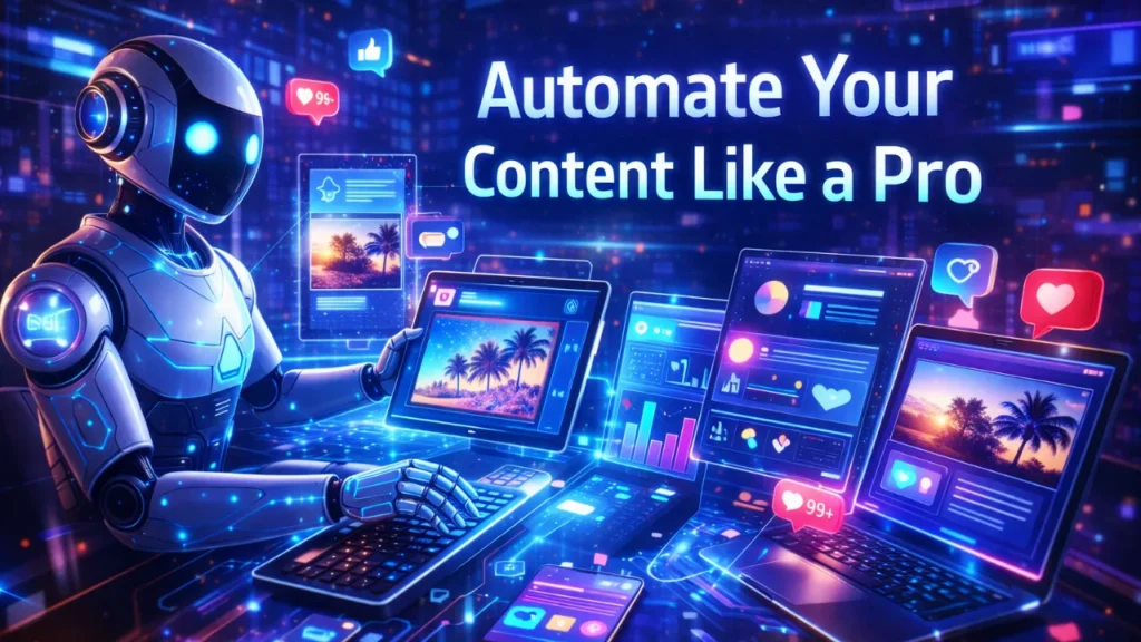 An AI robot generating social media content on multiple devices with holographic visuals, illustrating AI-driven content creation and automation.