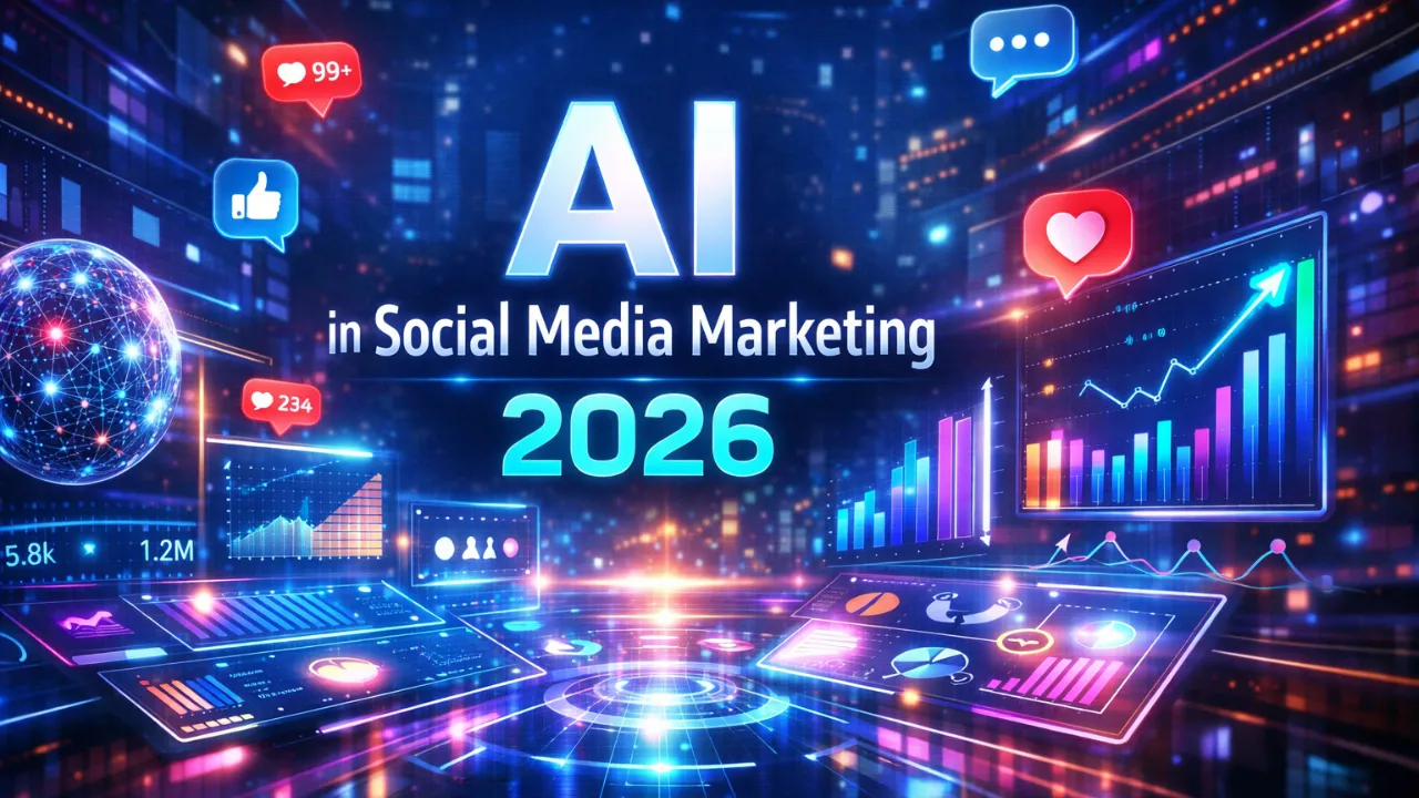 Futuristic AI-powered social media dashboard displaying analytics, engagement metrics, and digital interaction icons, representing AI in social media marketing in 2026.