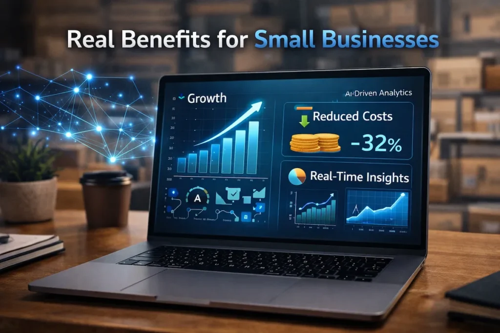 AI-powered data analytics tools for small businesses shown through dashboards and cloud platforms.