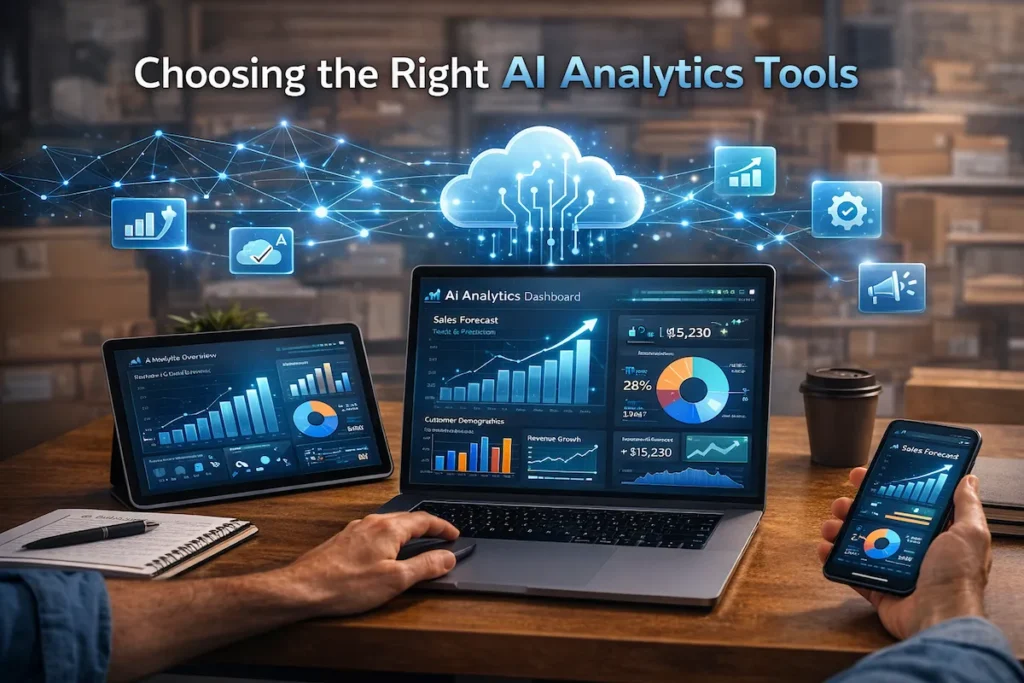 Use cases of AI-powered data analytics for small businesses like sales forecasting and customer insights.
