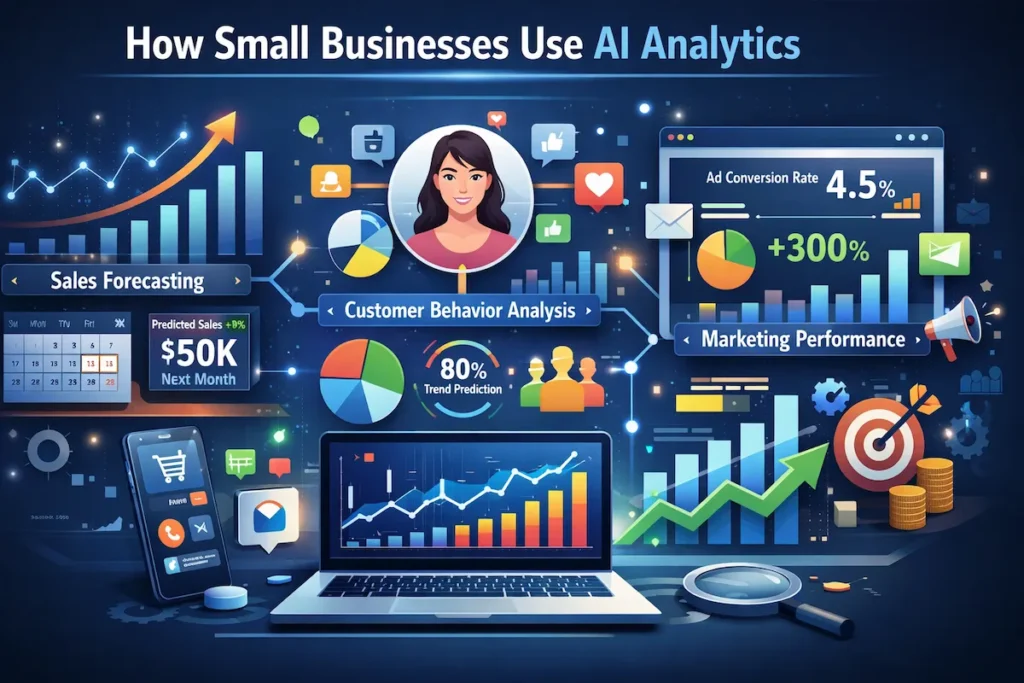 Benefits of AI-powered data analytics for small businesses including growth, efficiency, and real-time insights.