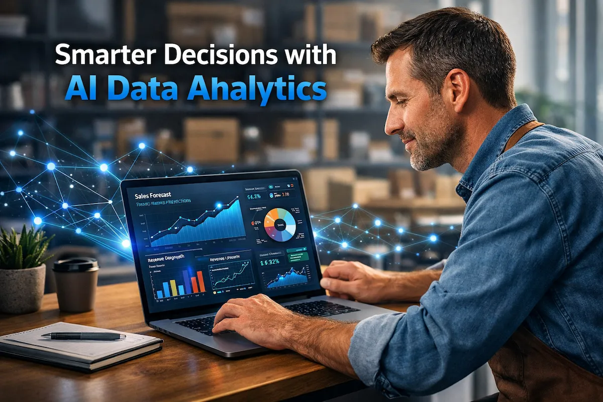 AI-powered data analytics for small businesses visual showing AI dashboards and data insights for smarter decision-making.