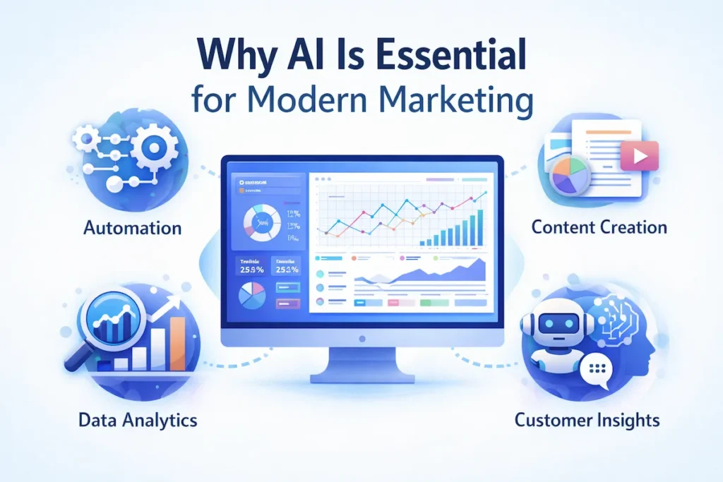 Visual explaining why AI tools for digital marketers are essential for automation, analytics, and smarter marketing decisions.