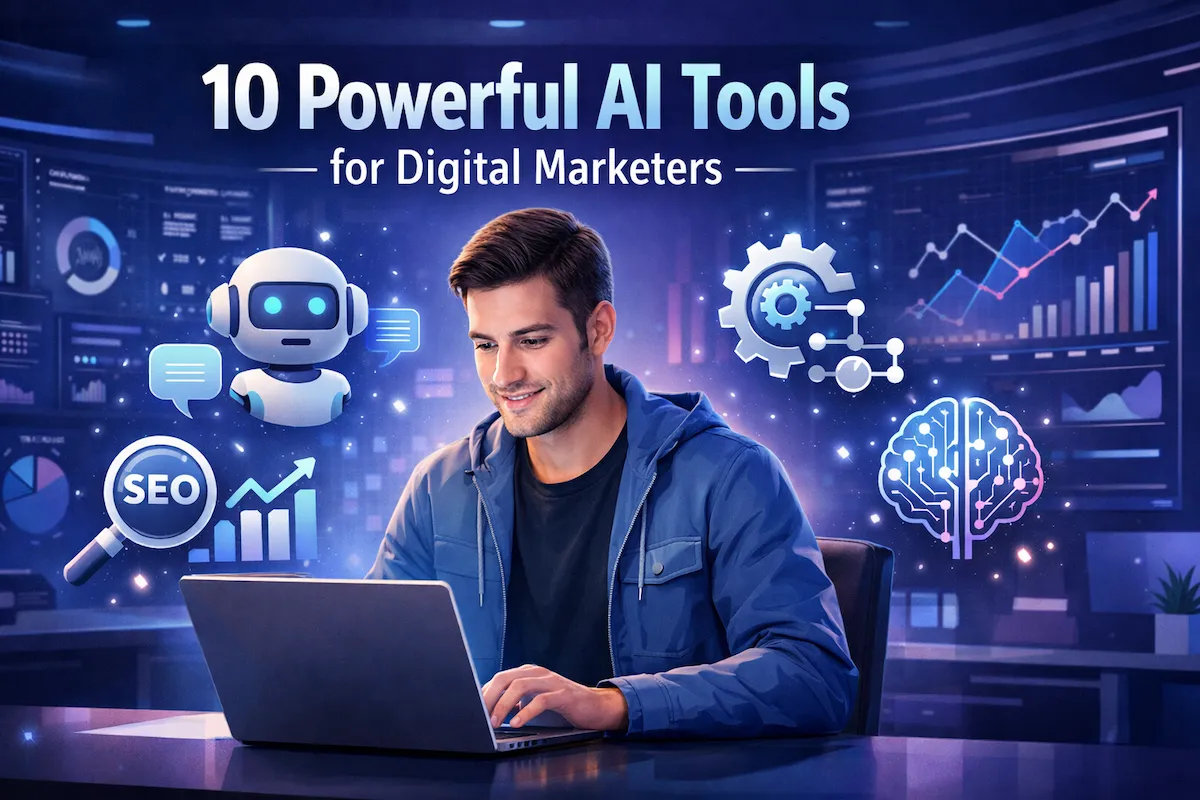 Featured image showing AI tools for digital marketers with automation, analytics, and content creation visuals in a modern marketing workspace.