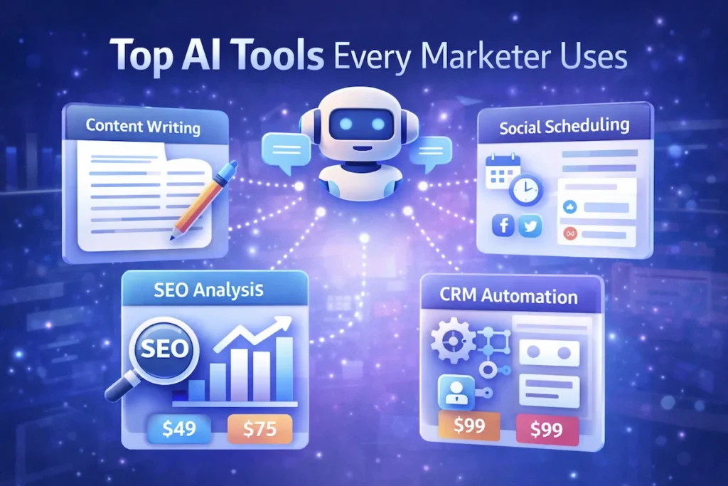 Illustration showing how AI tools for digital marketers are selected based on features, pricing, and real-world usability.