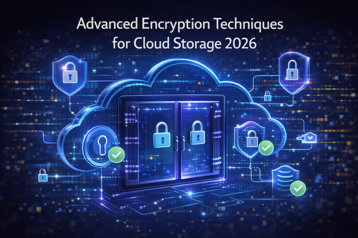 A futuristic digital cloud vault with glowing encryption symbols and holographic locks representing secure cloud storage and advanced encryption techniques.