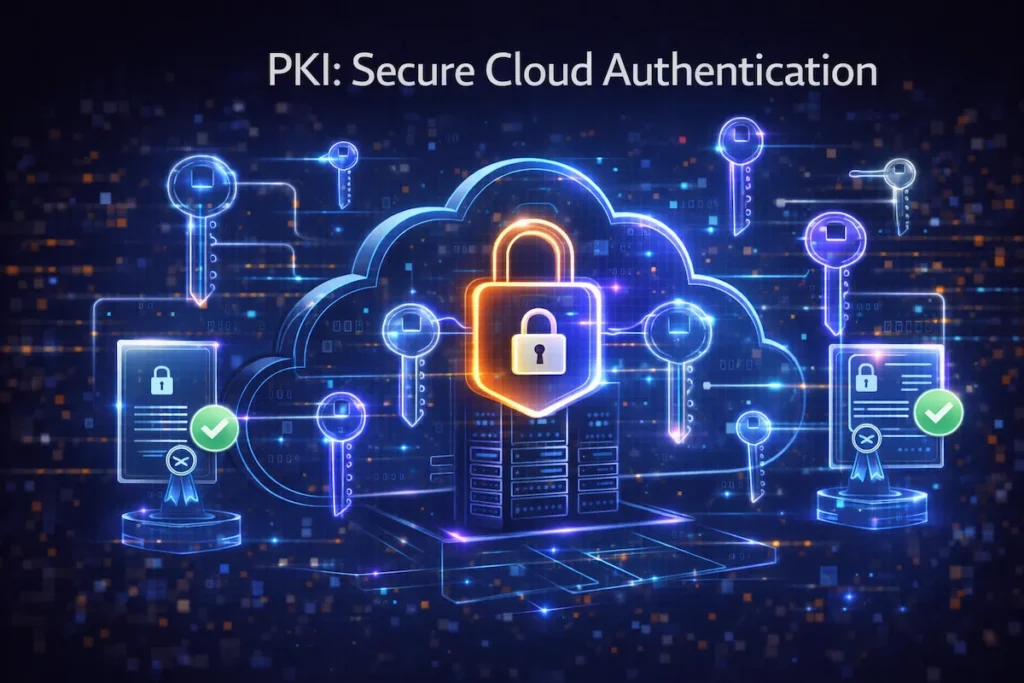 Floating digital keys and holographic certificates symbolizing PKI-based secure authentication in cloud storage.