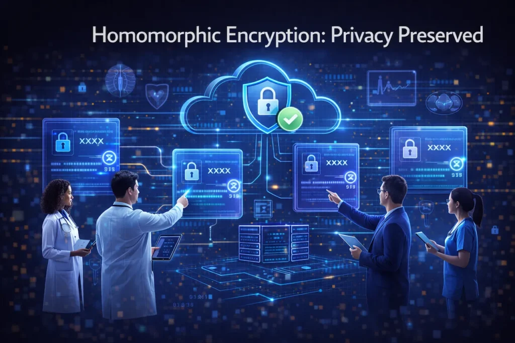 Doctors analyzing encrypted holographic medical data in a secure cloud environment using homomorphic encryption.