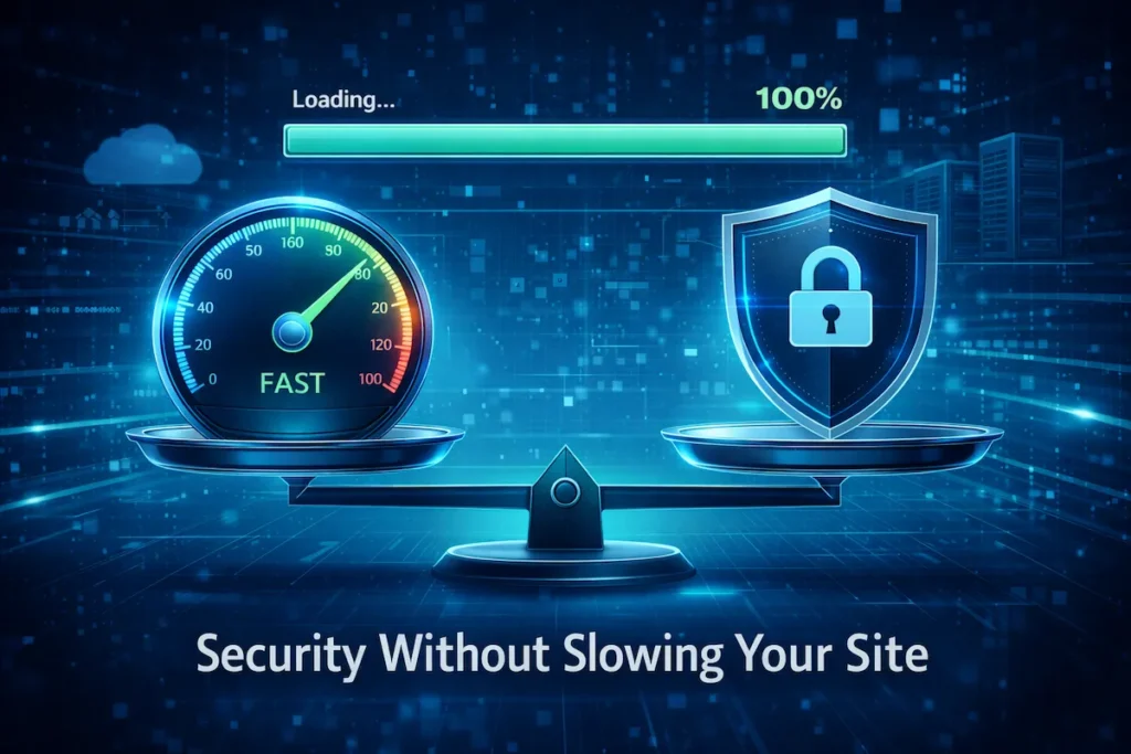 Website speed and security balance illustration for Best WordPress Security Plugin 2026 performance comparison.