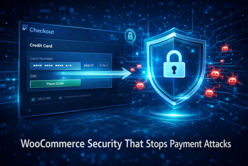 WooCommerce checkout protected by security shield for Best WordPress Security Plugin 2026 showing payment attack prevention.