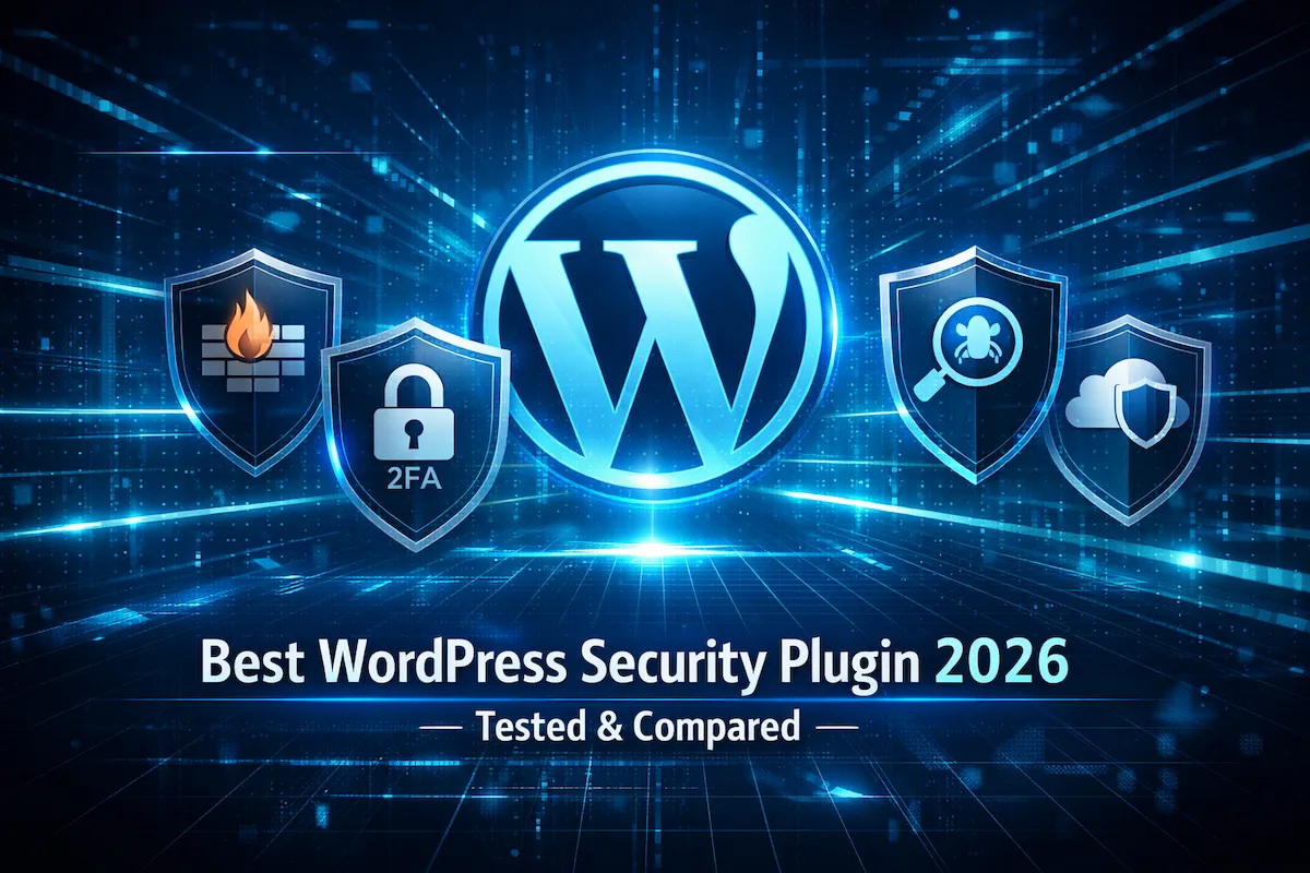 Best WordPress Security Plugin 2026 comparison illustration showing WordPress logo with firewall, malware scanner, and cloud protection shields.