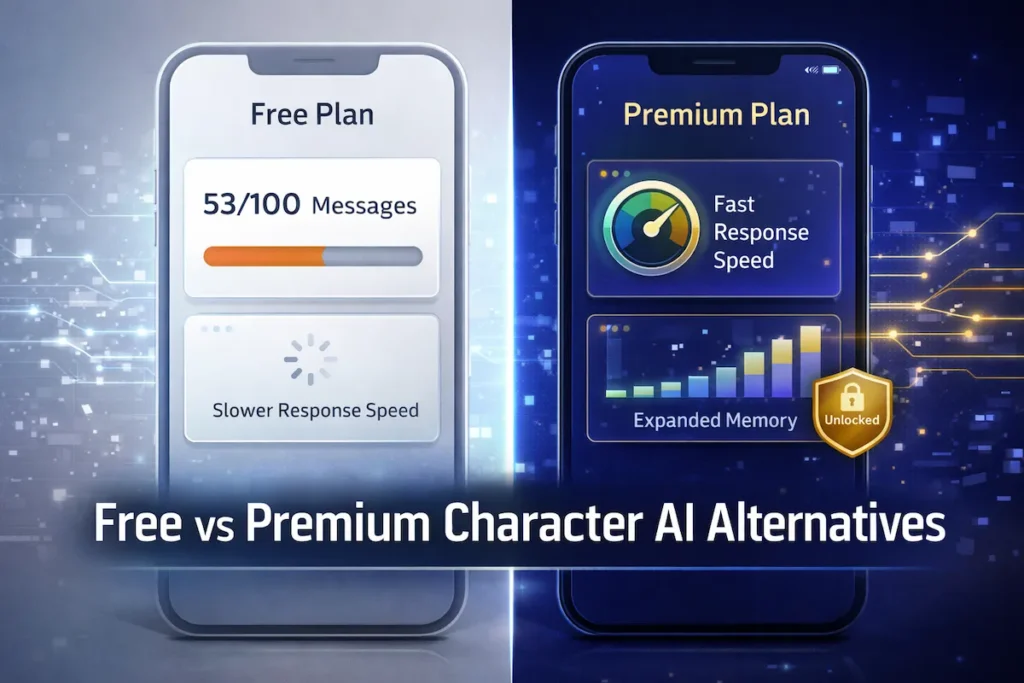 Infographic comparing free and premium character AI alternative platforms with feature differences.