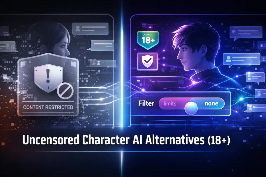 Split-screen illustration comparing filtered chatbot platforms and uncensored character AI alternative options.