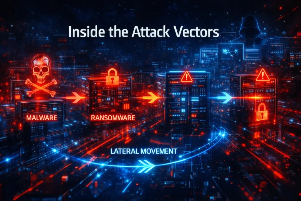 Visual representation of malware and network attack vectors in a major cybersecurity incident, showing Major Cybersecurity Incident Analysis.