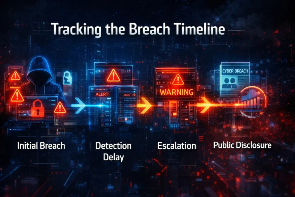 Infographic-style timeline of a cybersecurity incident, from breach to disclosure, illustrating Major Cybersecurity Incident Analysis.
