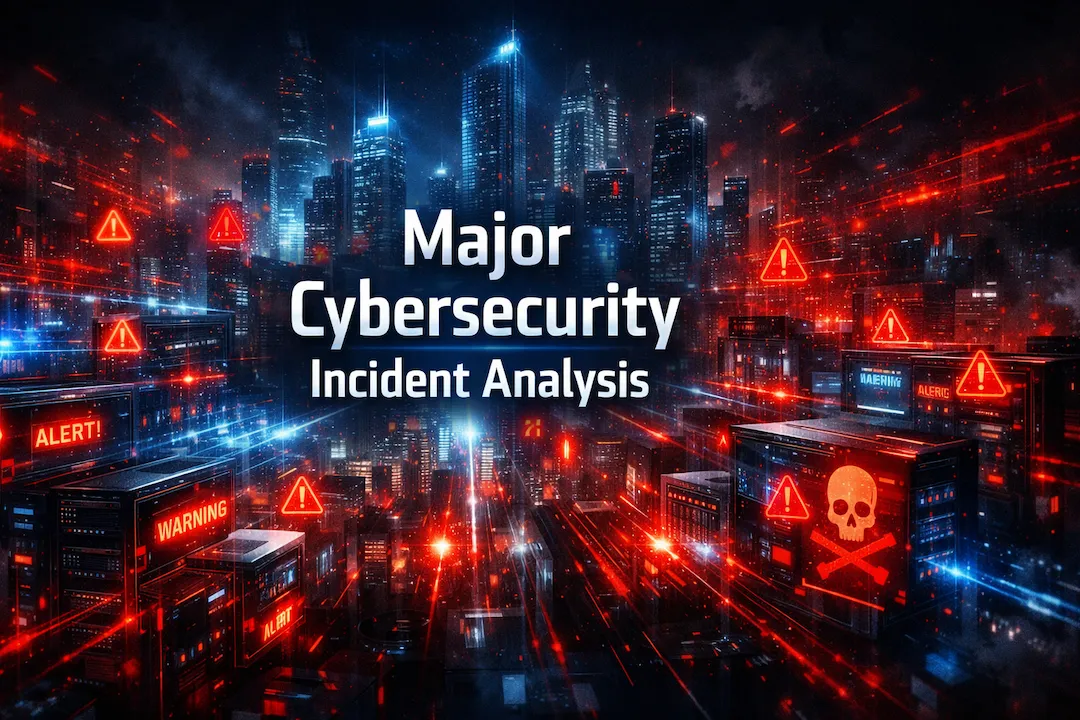 Digital cityscape under cyber attack with servers, data streams, and warning symbols, highlighting major cybersecurity incident analysis.