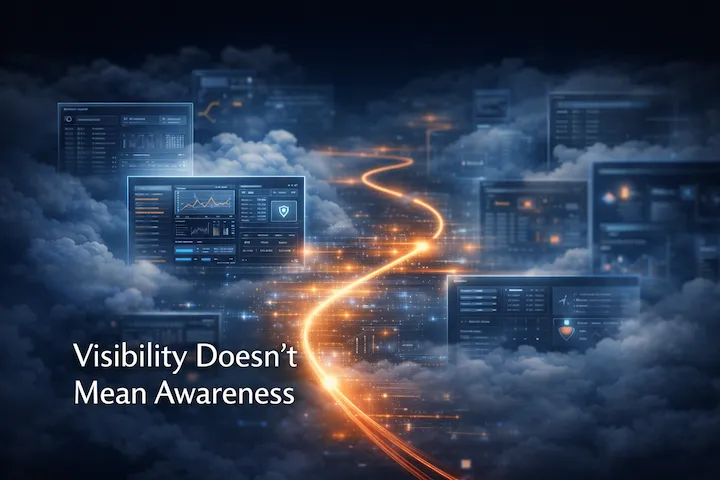Cloud security audit concept showing dashboards and logs with limited clarity highlighting the gap between visibility and awareness