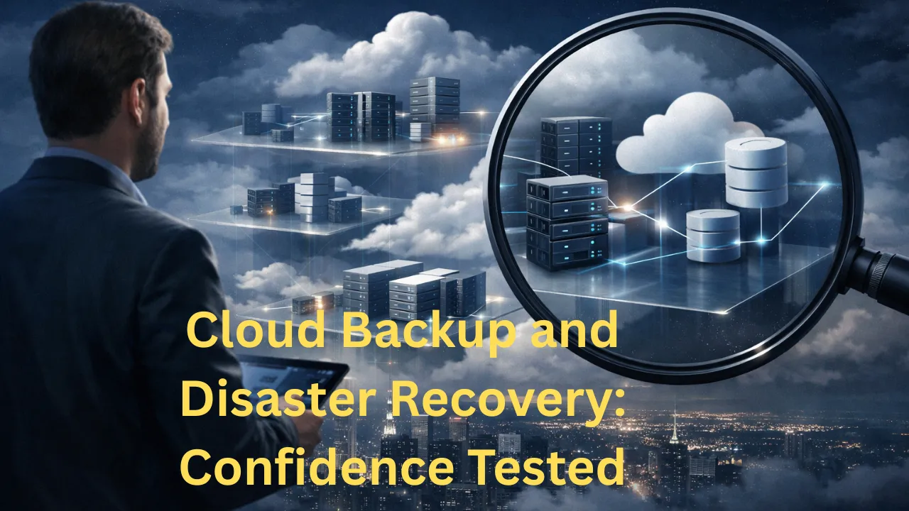 Editorial illustration of cloud backup and disaster recovery with layered infrastructure, data flows, and a magnifying glass effect highlighting hidden dependencies above a city skyline.