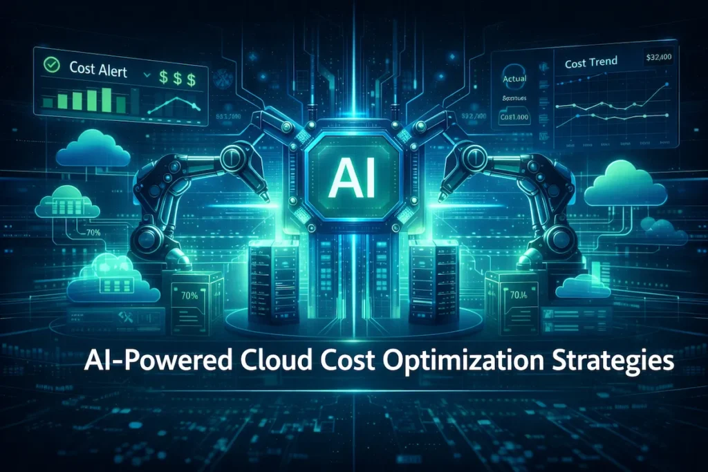 Futuristic AI system managing cloud infrastructure automatically as part of Cloud Cost Optimization Strategies.