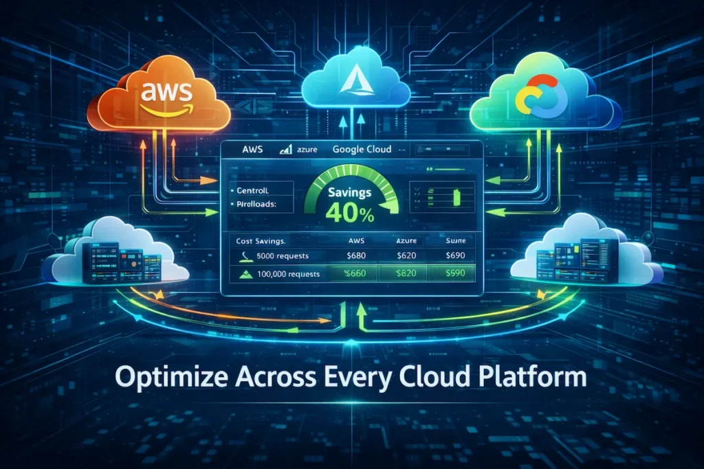 Multi-cloud cost management dashboard illustrating Cloud Cost Optimization Strategies across AWS, Azure, and Google Cloud.