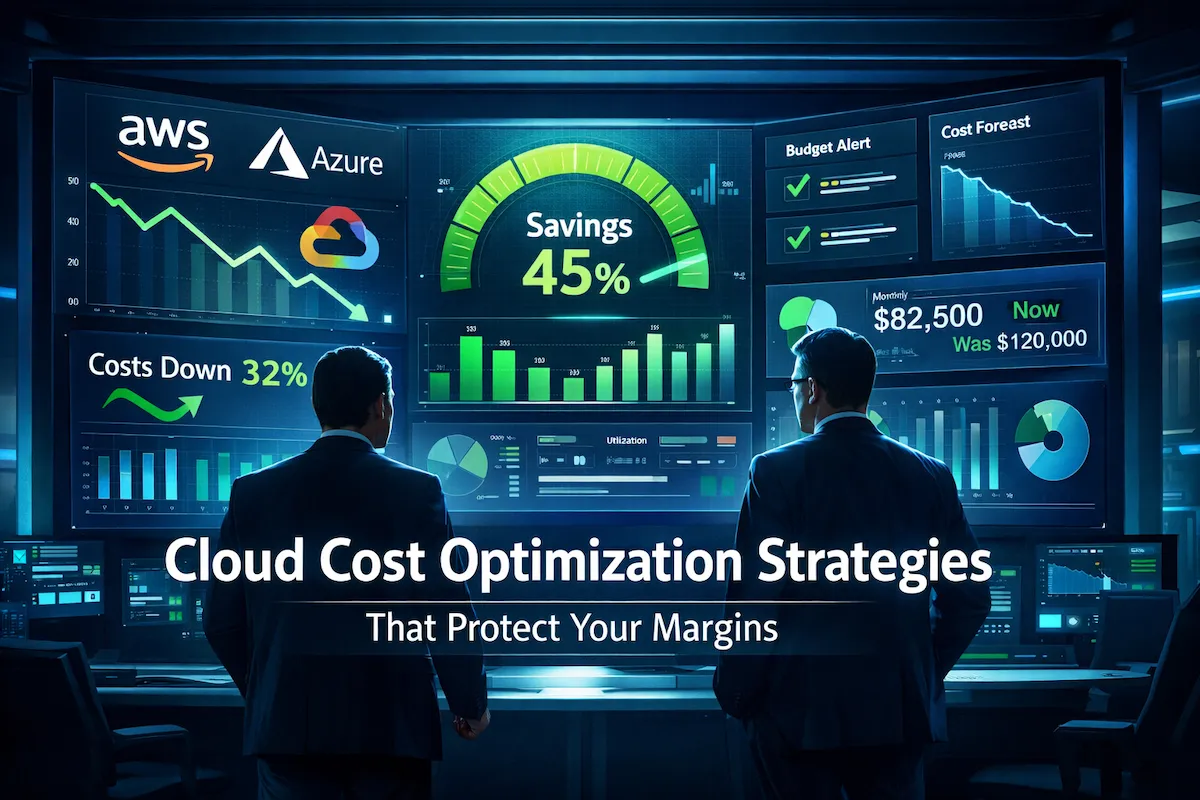 Enterprise dashboard visualizing Cloud Cost Optimization Strategies with cost reduction graphs and business leaders reviewing cloud savings analytics.