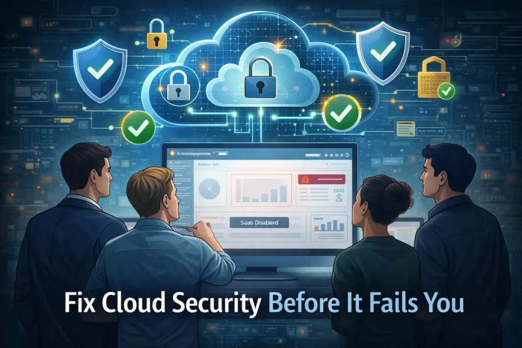 Illustration showing how businesses can prevent cloud security mistakes using strong controls, monitoring, and best practices.