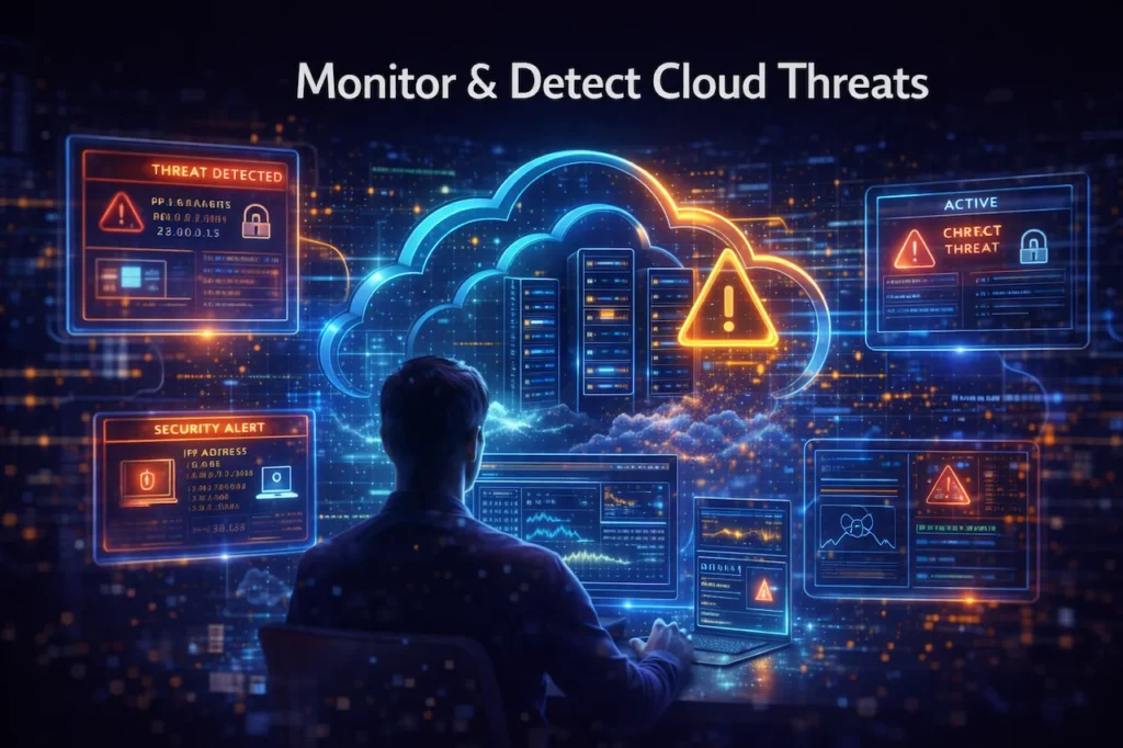 High-tech illustration of a digital monitoring control room tracking cloud security threats in real-time with holographic alerts.
