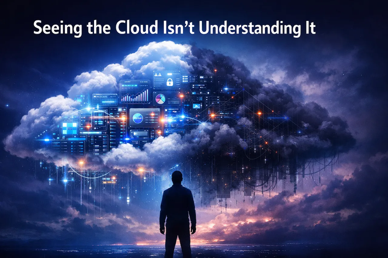 A transparent cloud revealing assets but hiding internal risks, symbolizing cloud visibility vs understanding challenges.