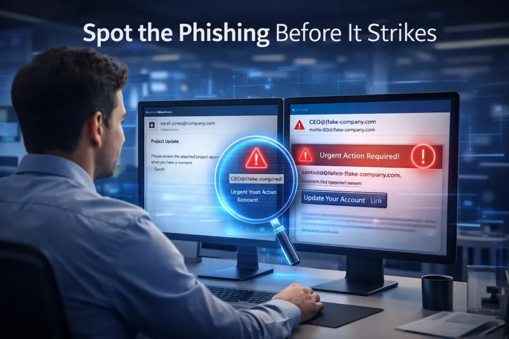 Cybersecurity awareness for employees training image showing worker identifying phishing email with highlighted warning signs.