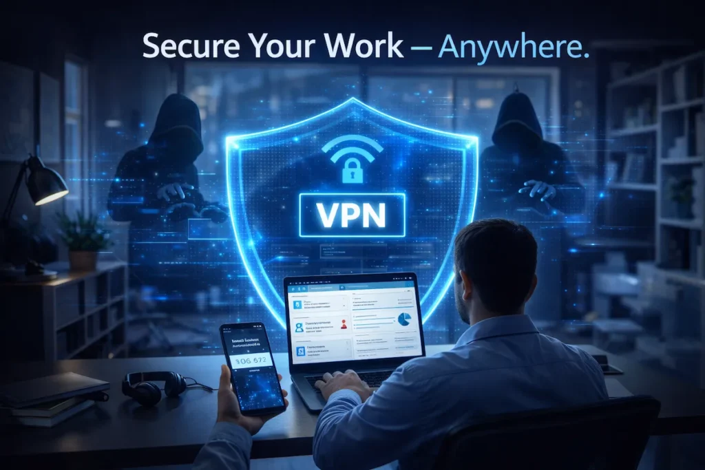 Cybersecurity awareness for employees image showing remote worker protected by secure VPN shield against cyber threats.