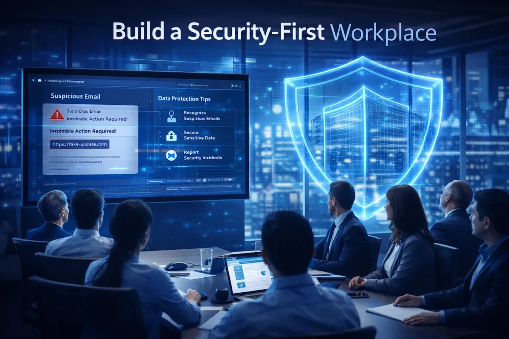 Cybersecurity awareness for employees training session in corporate boardroom promoting security-first workplace culture.