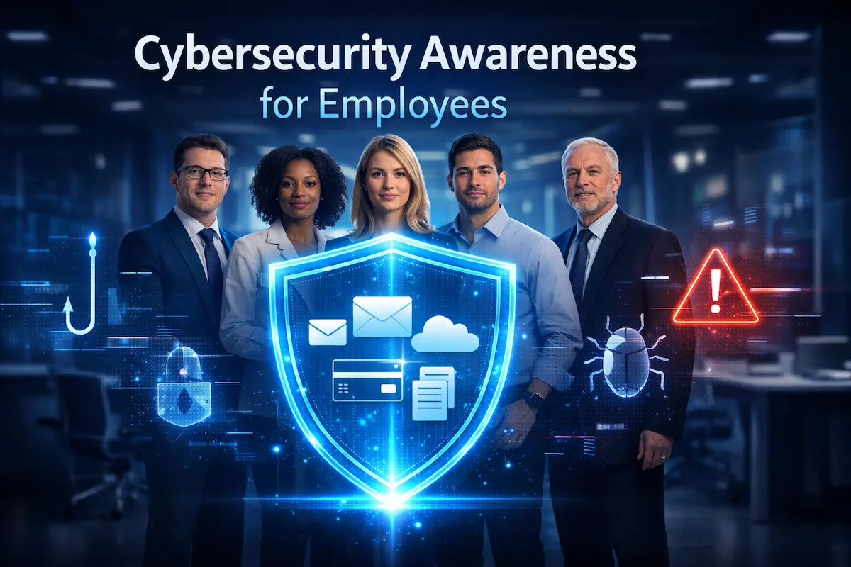 Cybersecurity awareness for employees illustration showing office staff protected by digital security shield blocking phishing and malware threats.