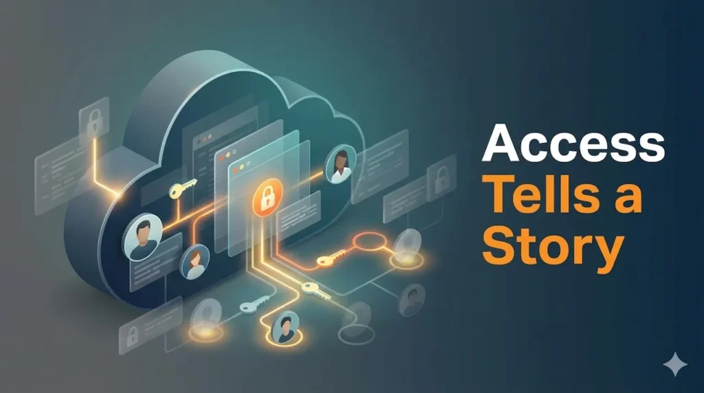 Cloud security audit illustration showing complex identity and access permissions layered inside a cloud system