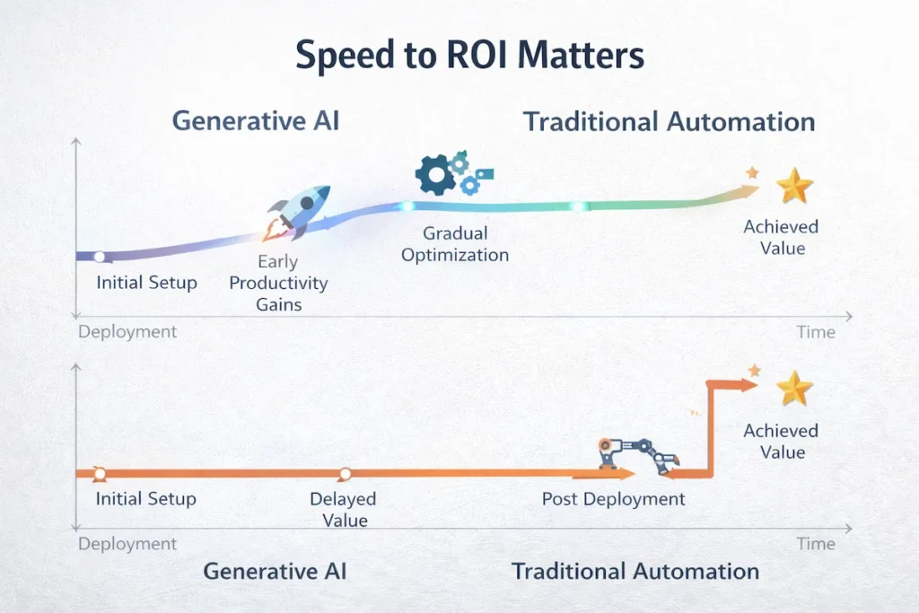 Timeline visual comparing time-to-value and ROI realization between generative AI and traditional automation systems.
