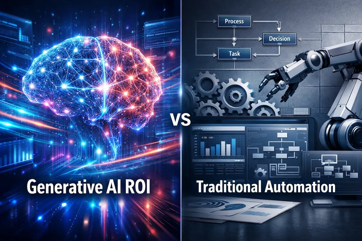 Comparison visual showing generative AI ROI versus traditional automation ROI for US businesses, highlighting flexibility, scalability, and return on investment differences.