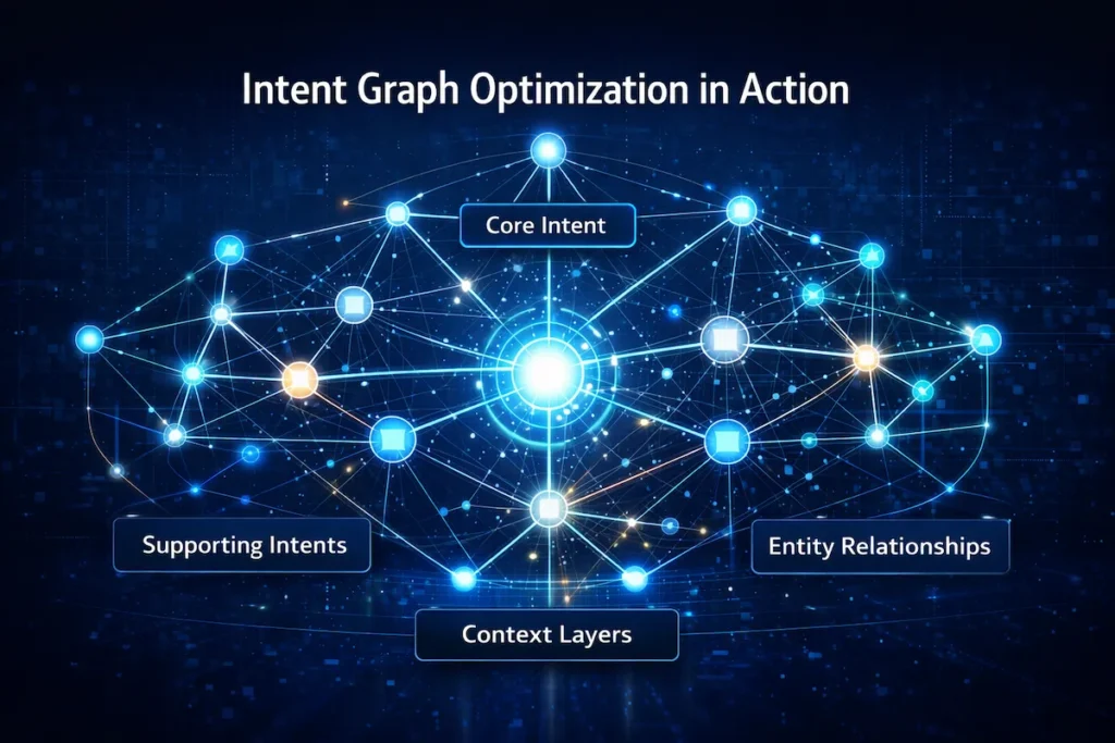 Enterprise visualization of intent graph SEO model with interconnected semantic entities and layered intent architecture in blue digital network format.