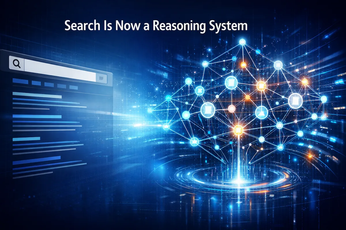 Futuristic illustration showing evolution from traditional keyword-based search results to AI-powered intent graph reasoning system with interconnected semantic nodes.