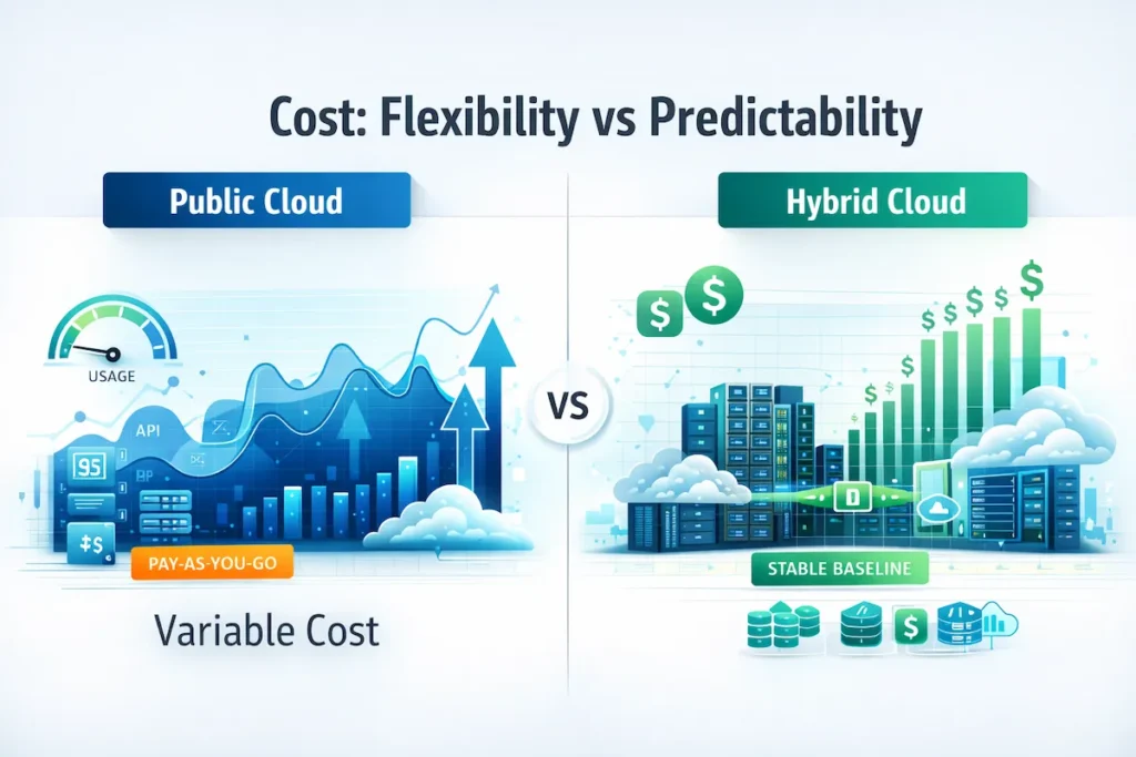 Infographic comparing Hybrid Cloud vs Public Cloud costs with fluctuating public cloud usage curve and stable hybrid cloud baseline plus burst capacity.